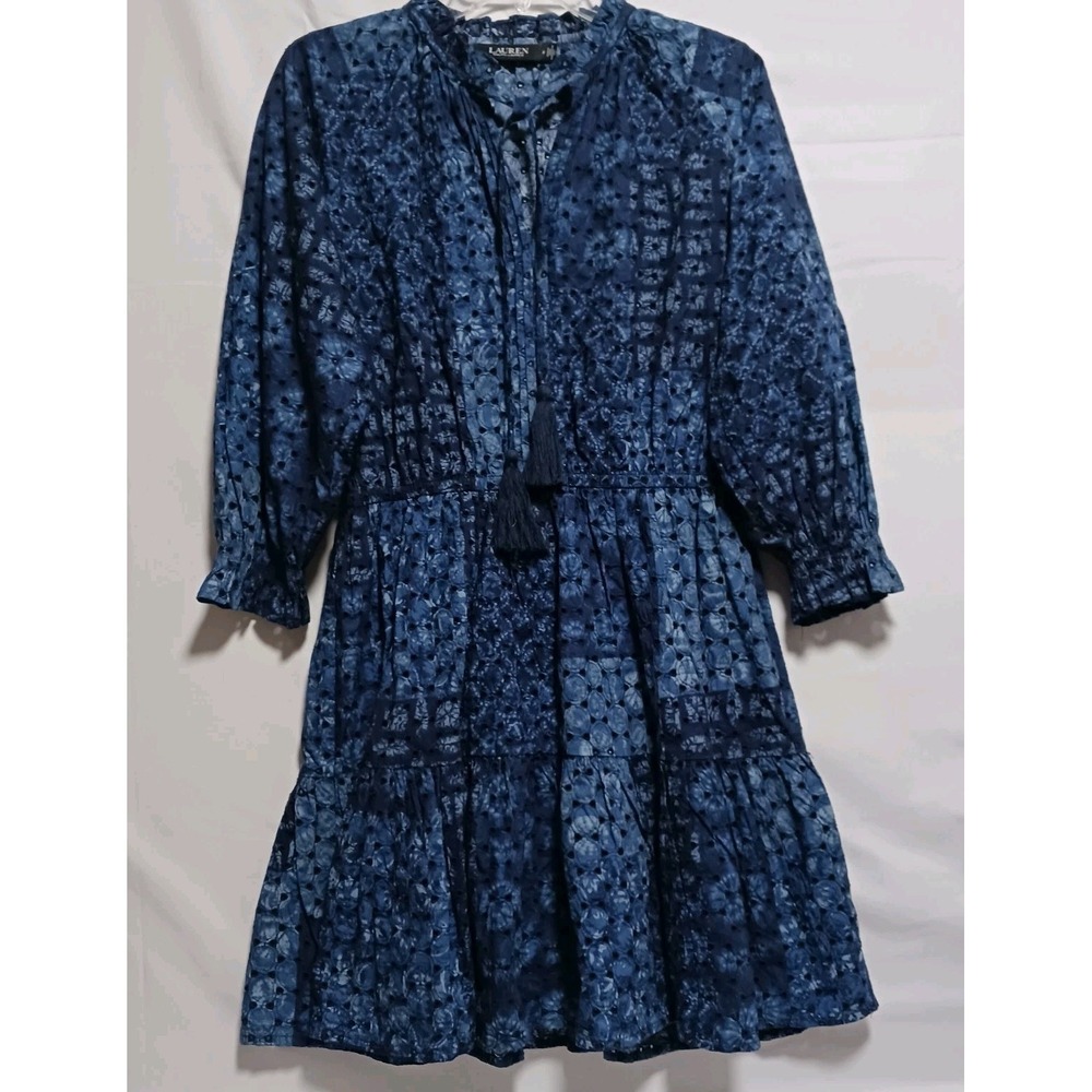 Lauren Ralph Lauren Womens Sz 6 Dress Blue Eyelet Fabric Lined Skirt 3/4 sleeves
